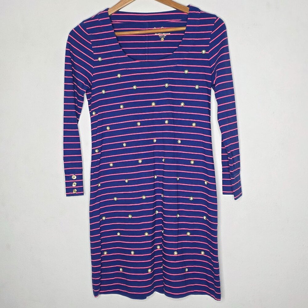 Lilly Pulitzer Women's Dress Striped Beaded Cotton Shift 3/4 Sleeve Navy/Pink XS